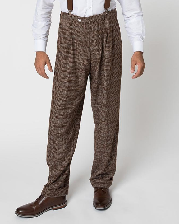 1930s Style Brown Checkered Woven Men Pants