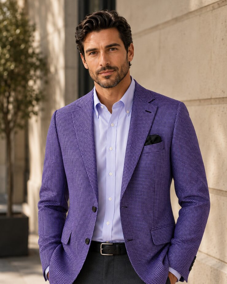 lavender tint and the black houndstooth pattern woollen single-breasted blazer