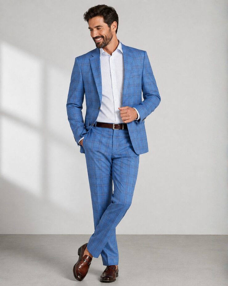 two-piece checked plaid suit in sky blue